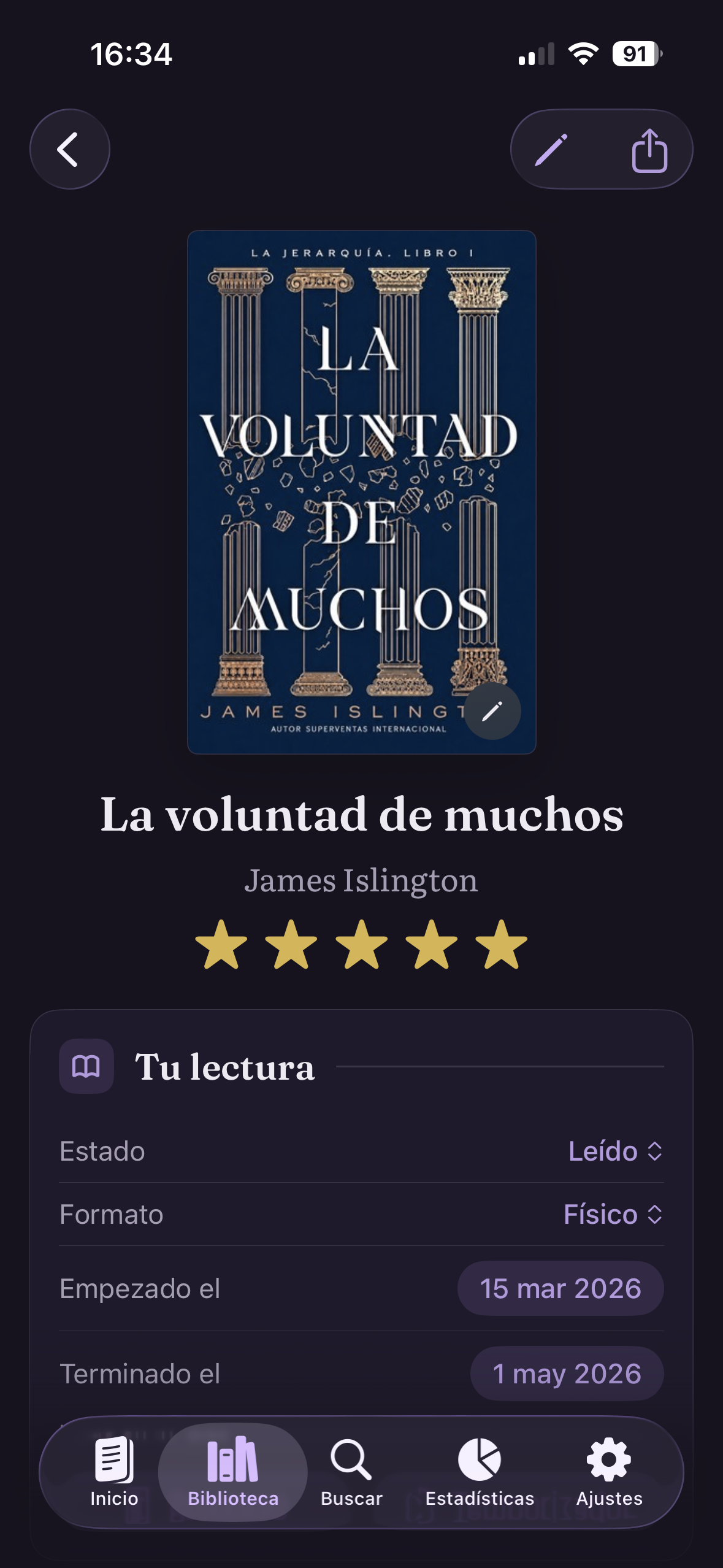 Ficha de un libro con estado y progreso