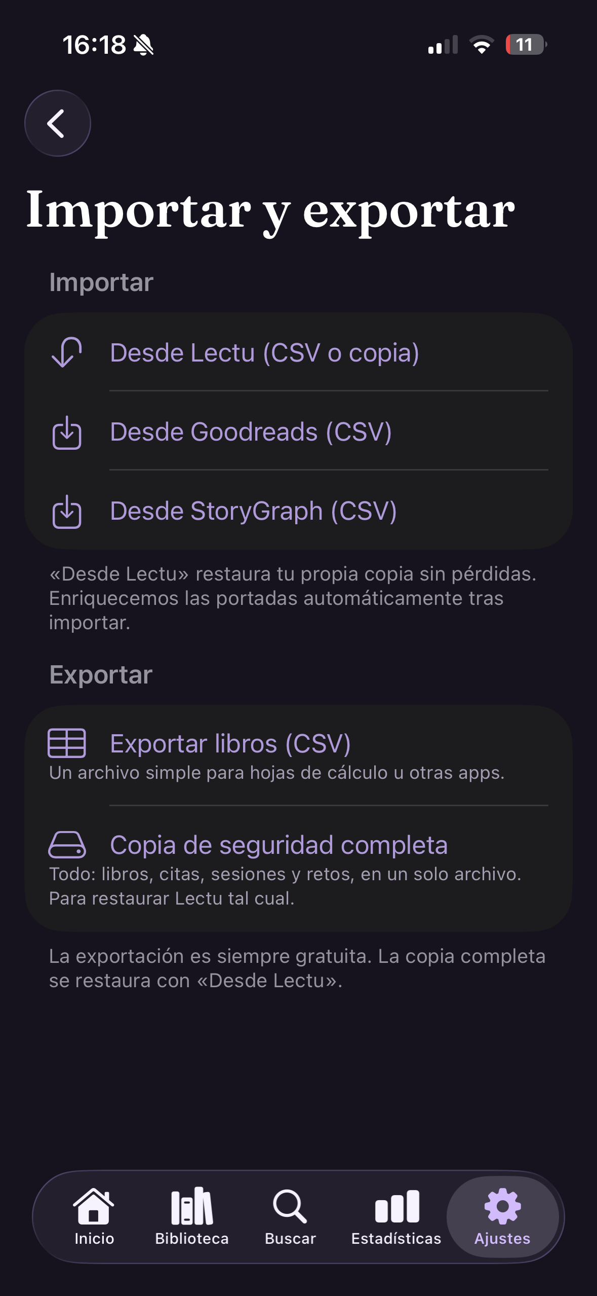 Pantalla de importar y exportar