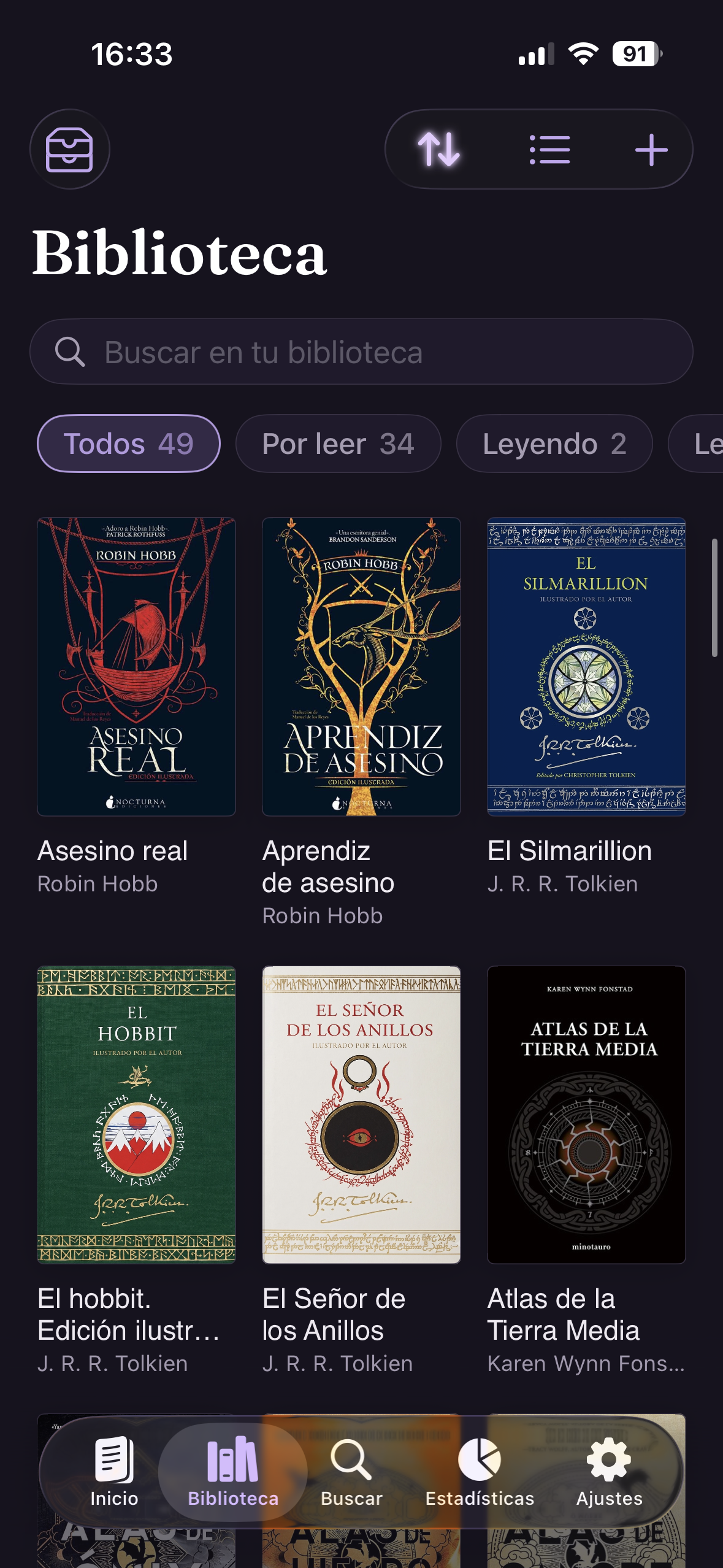 Biblioteca en rejilla con filtros de estado