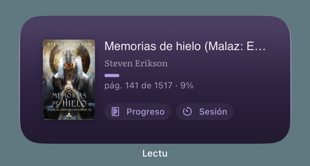 Widget de Lectu mostrando el libro en curso y su progreso